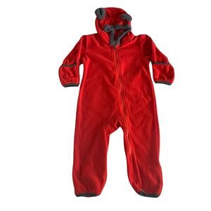 Fleece Baby Bunting Rollover Cuffs Full Length Zip Bear Ear Hood Red 18-24 M